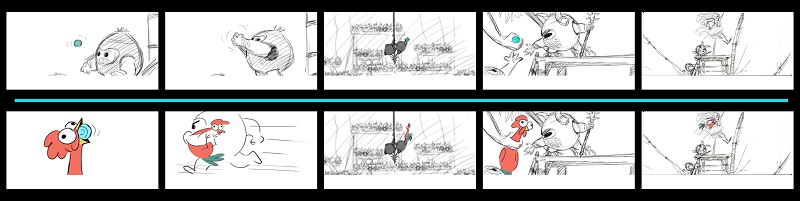 The MOANA story team was charged with saving the character "Heihei" from being cut from the film. These story boards illustrate an action sequence from the film in which the Kakamora are trying to steal the Heart of Te Fiti from Moana and Maui. In the initial version (top row), the Kakamora steal the heart and are pursued by Moana who captures it back. In the new versoin (bottom row), rooster Heihei first swallows the Heart of Te Fiti, and the chase ensues between the Kakamora and Moana, only this time they're fighting to maintain posession of Heihei. Artist: Sunmee Joh, Story Artist.
