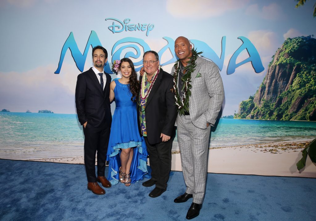 My Magical Experience on Disney's Moana Red Carpet HOLLYWOOD, CA - NOVEMBER 14: (L-R) Songwriter Lin-Manuel Miranda, actress Auli'i Cravalho, executive producer John Lasseter, and actor Dwayne Johnson attend The World Premiere of Disneys "MOANA" at the El Capitan Theatre on Monday, November 14, 2016 in Hollywood, CA. (Photo by Jesse Grant/Getty Images for Disney) *** Local Caption *** Auli'i Cravalho; Dwayne Johnson; Lin-Manuel Miranda; John Lasseter